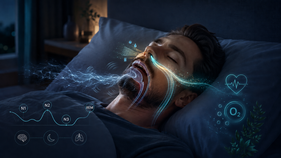 Sovande man med öppen mun och snarkning illustrerad med vibrationer, näsandning med kväveoxid, sömnfaserna N1 N2 N3 REM och syreupptagning för att visa fördelar med muntejp