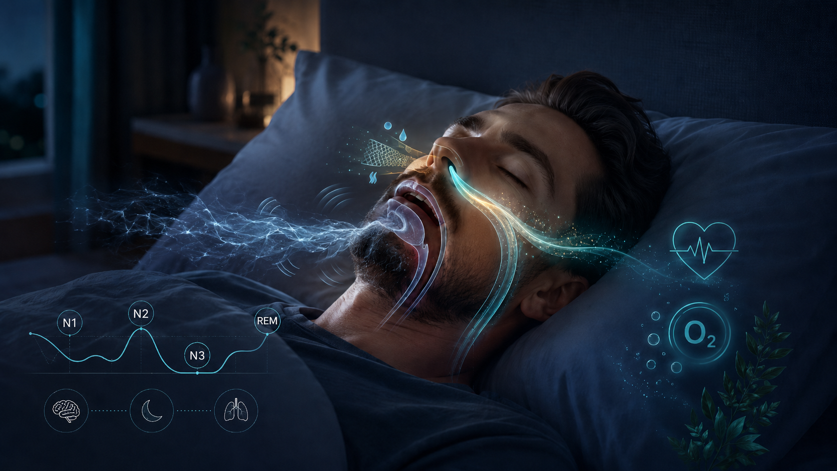 Sovande man med öppen mun och snarkning illustrerad med vibrationer, näsandning med kväveoxid, sömnfaserna N1 N2 N3 REM och syreupptagning för att visa fördelar med muntejp